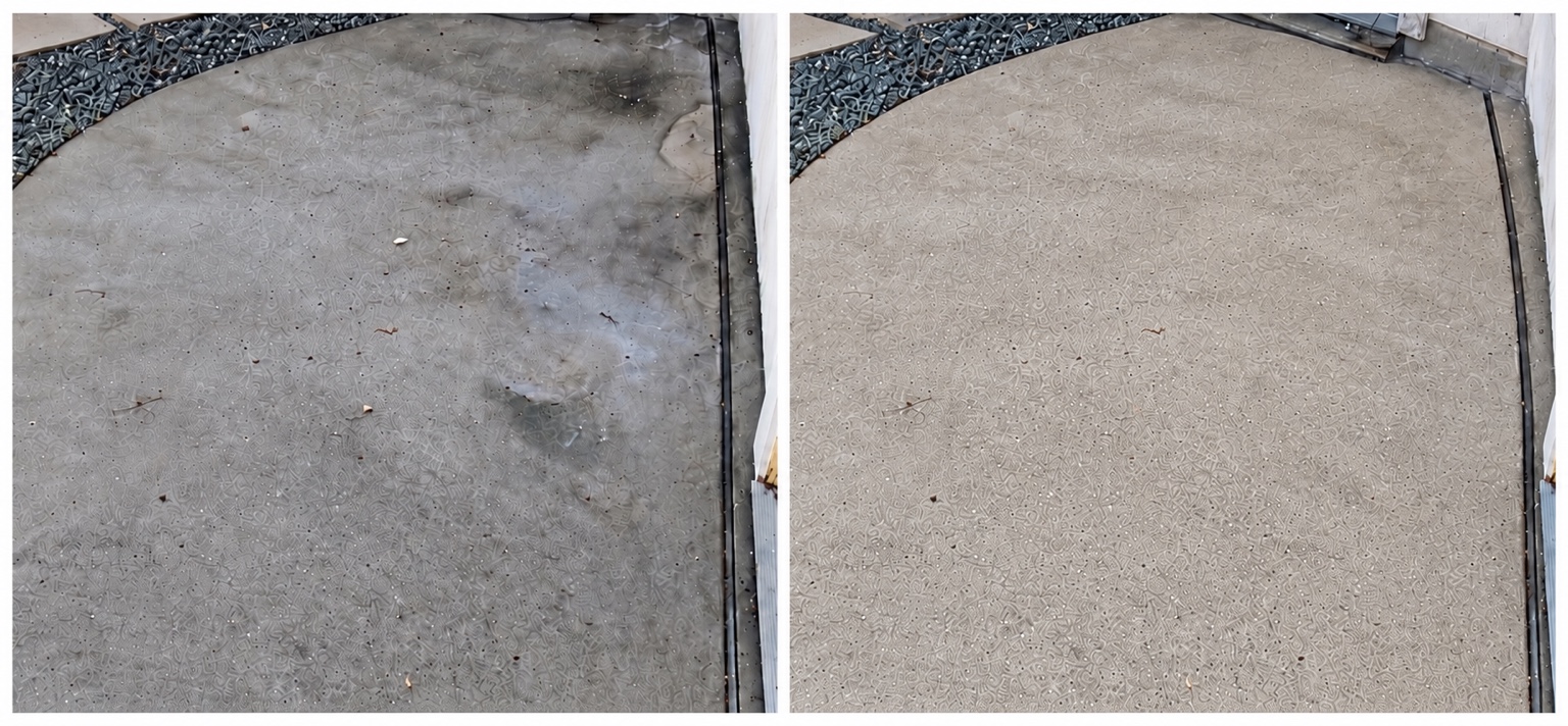 Before and after comparison of concrete beside a landscaped stone border